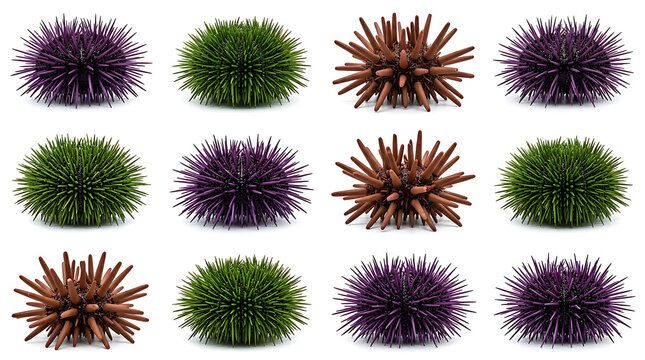 Various spiny sea urchins in green, purple, and brown, expertly isolated on a pure white backdrop