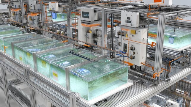 Automated industrial process with multiple tanks, monitors, and complex interconnected systems, likely for cooling or chemical processing
