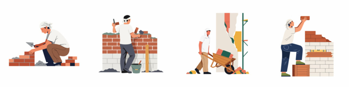 Flat illustration set of builders and masons working on brick walls, using tools like trowels, wheelbarrows, and levels for construction projects.