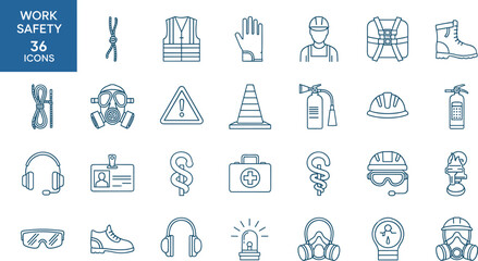 Fototapeta premium Work Safety Icon Set with Helmets, Gloves, First Aid Kits, Fire Extinguishers, Goggles, Warning Signs, and Protective Gear for Construction and Industrial Sites