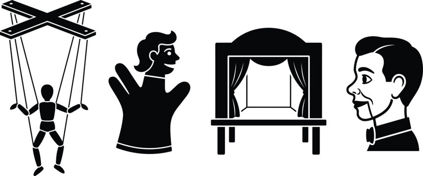 Puppet Theater and Ventriloquism Vector Silhouette Set with Marionette Hand Puppet Stage and Dummy Graphic Elements