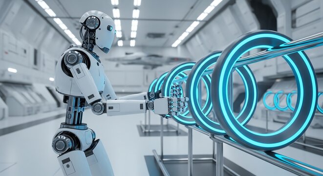 Futuristic robot interacting with glowing digital holograms in high-tech lab