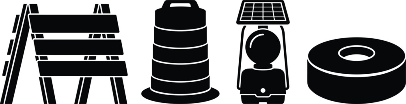 Road Construction and Traffic Control Equipment Vector Silhouette Set with Barricade Barrier Drum Cone Solar Warning Light and Tape Graphics