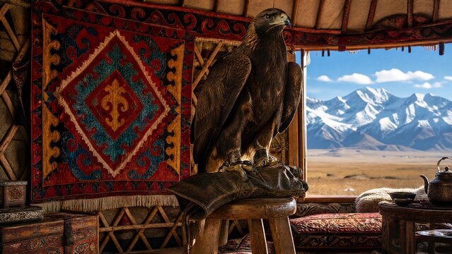 yurt. Colorful felt shyrdak rug on yurt lattice, golden eagle on glove, Central Asian nomadic concept. event programs, museum guides, designed for cultural heritage projects and event programs.