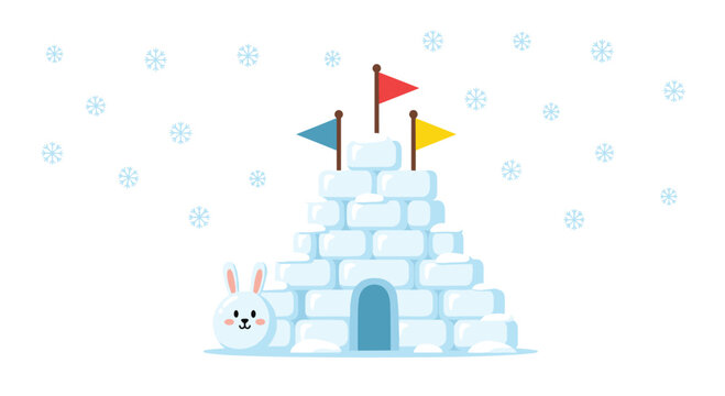 A cute white cartoon rabbit stands next to a small igloo built from ice blocks adorned with three colorful flags under falling snowflakes in a winter setting.