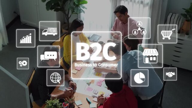 A diverse team engages in a strategic meeting to discuss business to consumer approaches. The modern office setting fosters collaboration, innovation, and idea generation. Raster