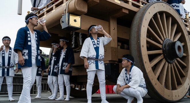Japanese men in traditional attire preparing for a festival with a large wooden cart.
