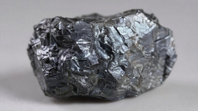 A specimen of black magnetite ore with metallic luster.
