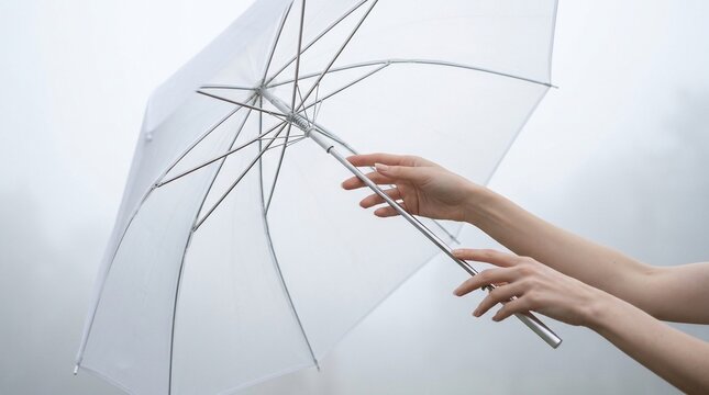 Person struggling with broken transparent umbrella