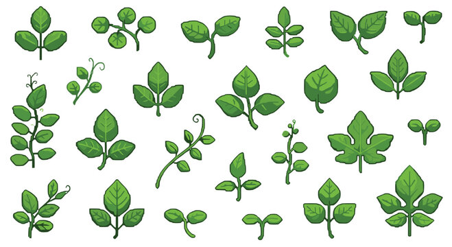 A diverse collection of various green botanical leaf shapes rendered in a retro pixel art style is arranged neatly across a plain white field.