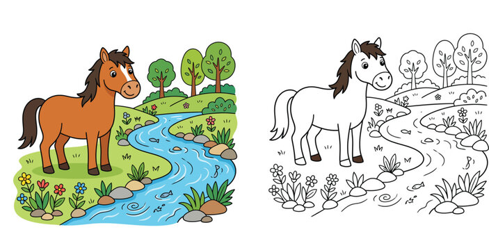 Cute cartoon horse by a river with trees and flowers, color illustration and black and white outline for children's coloring book page.