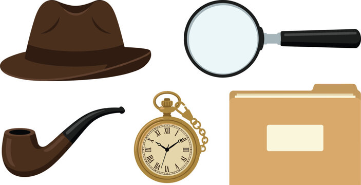 Vintage Detective Investigation Vector Icon Set with Fedora Hat Magnifying Glass Smoking Pipe Pocket Watch and Case File Folder Graphics