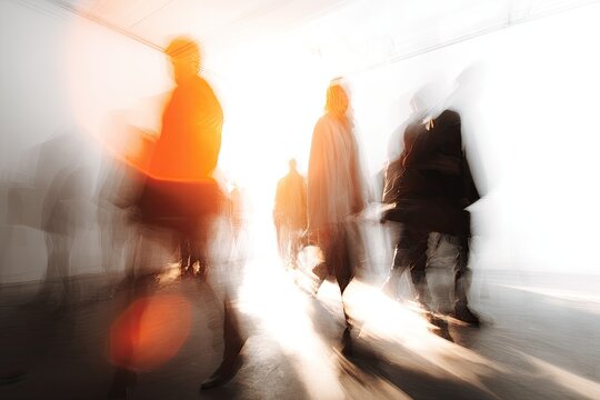 Blurred figures in motion, bathed in bright, warm light, creating a sense of movement and energy