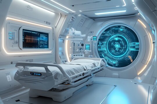 Futuristic hospital room with high tech AI technology equipment Generative AI