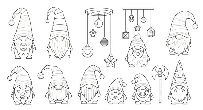 Hand Drawn Christmas Gnome Doodle Collection with Scandinavian Tomte Characters, Holiday Ornaments and Festive Decorations