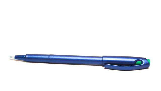 Blue ballpoint pen without cap isolated on white background