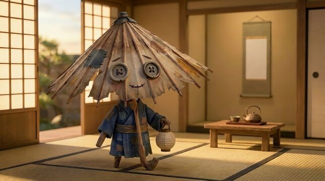 Japanese Kasa Obake Umbrella Ghost Yokai Character in Sunlit Traditional Tatami Room Afternoon
