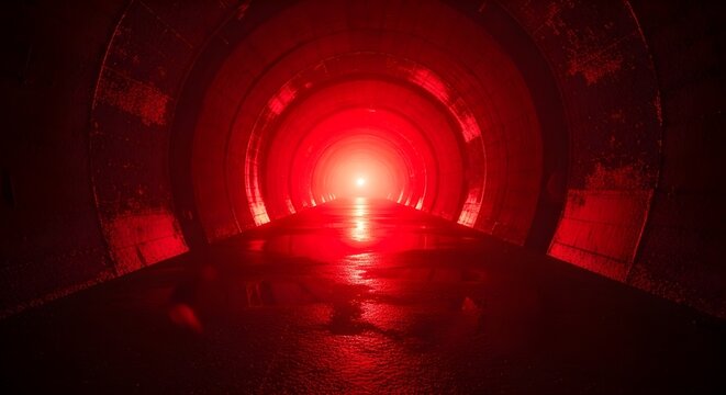 A subterranean passage bathed in a vivid crimson glow, reflecting intensely on the damp metallic floor, creating an ominous and mysterious journey into the unknown depths