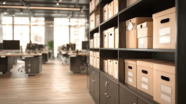 Shelves of storage boxes in a modern office with workstations in background