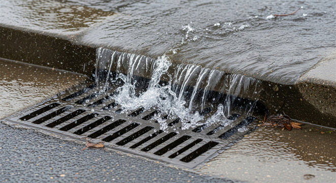 Rainwater flows into a storm drain on a wet street, creating ripples.