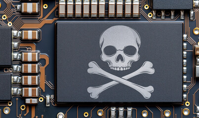 Computer electronic chip with skull and bones jolly roger sign on it. Dangerous or illegal online software concept. Generative AI © Lubo Ivanko
