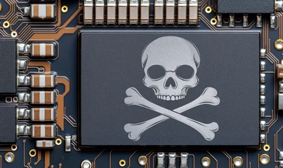 Computer electronic chip with skull and bones jolly roger sign on it. Dangerous or illegal online software concept. Generative AI © Lubo Ivanko