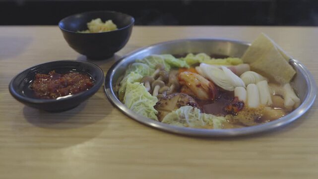 Korean hot pot stew served in a metal pot on a wooden table. Includes cabbage, mushrooms, rice cakes, kimchi, and fish cakes in spicy broth. Traditional Asian cuisine and restaurant dining concept.