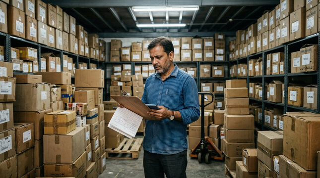 Man wearing blue shirt checking clipboard and tablet in large warehouse filled with cardboard boxes stacked high on shelves, man looking concerned at paperwork.