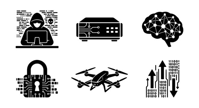 Cybersecurity Icons Set: Hacker, Drone, Brain AI, Padlock, Server, Data Growth Vector Graphics