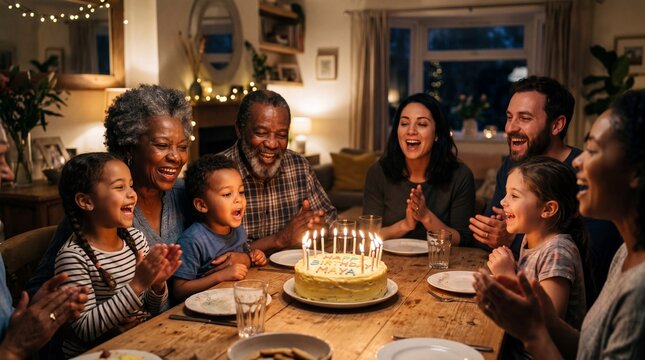 Multi-generation family celebrating birthday around table with cake and candles at night.