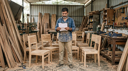 Fototapeta premium Focused carpenter standing in workshop looking at technical design plans for wooden chairs while surrounded by lumber and hand tools in professional woodworking studio with rustic atmosphere area