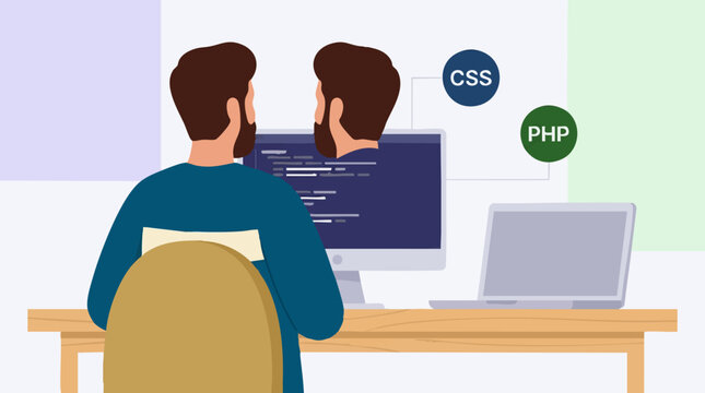 Web developer working on computer, programming with CSS and PHP concepts