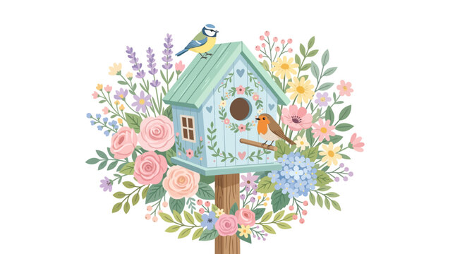 Charming birdhouse with robin and blue tit surrounded by spring flowers