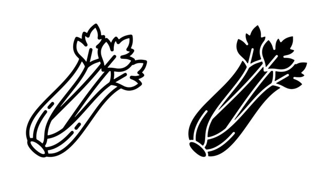 Celery Stalk Vector Icons, Fresh Vegetable Illustration, Healthy Food Graphic Resource, Outline and Silhouette Styles