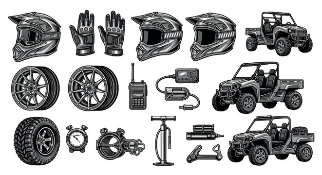 Adobe Off-road UTV buggy and motorsport vector element set featuring racing helmets, gloves, alloy wheels, walkie talkie, and tires. Artwork