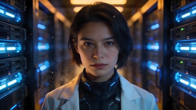 Futuristic portrait of a serious young female IT specialist wearing a lab coat and high tech suit standing between server racks in a modern data center room