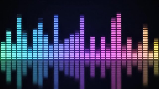 Neon colored digital audio sound wave equalizer bars visualization on dark background