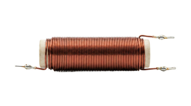 Close-up of a copper wire-wound inductor coil with tinned copper leads on white background