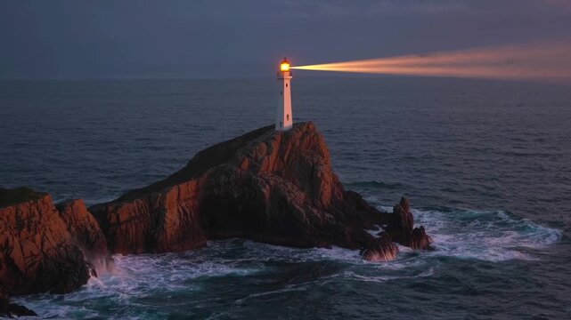 Cinematic wide shot of a classic white lighthouse on a dark rocky ocean cliff jutting into the sea with a bright light beam shining at dusk