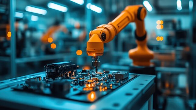 A robotic arm assembles a circuit board in a modern factory.