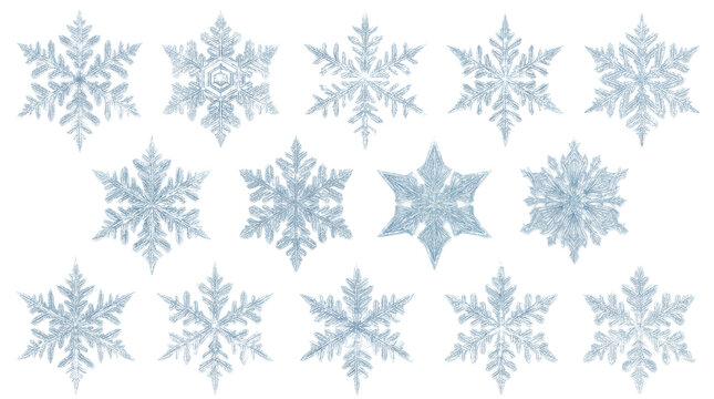 Delicate blue snowflake crystals, symmetrical frost patterns on white background, intricate winter detail