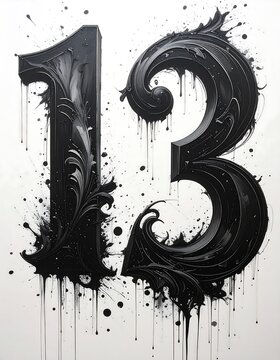 A black-painted number thirteen with an artistic design and splatters