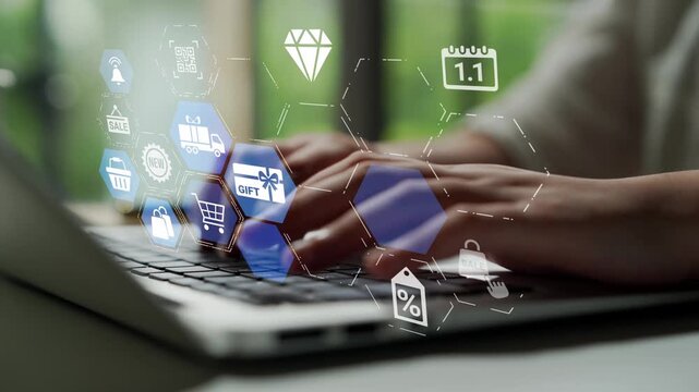 Digital gift card icons show e-commerce, payment, and digital gift card redemption. Digital gift card supports online shopping, secure payment, and customer loyalty programs. Funnel