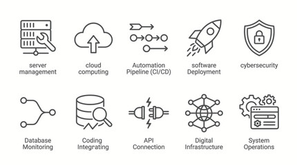 Fototapeta premium Set of outline icons representing various aspects of cloud computing and technology infrastructure.