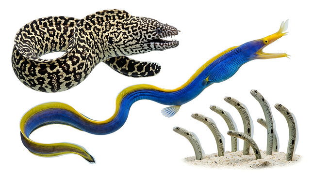 Diverse marine eels spotted moray, blue ribbon, and garden eels isolated on white background
