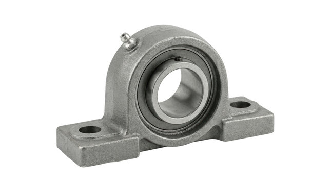 Precision-machined cast iron pillow block bearing unit with spherical bore, industrial gray metallic finish