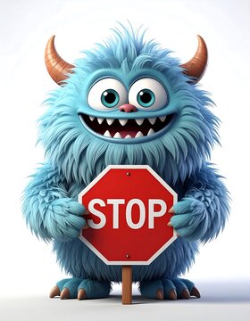 A blue monster with horns and sharp teeth holding a red stop sign