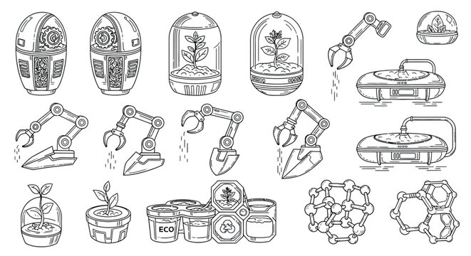 Bioengineering and autonomous agrotech outline design kit containing science lab incubators, automated mechanical hands, and cultivated plant sprouts.