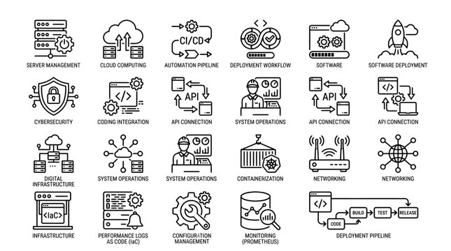 Set of line icons representing various aspects of software development and technology.