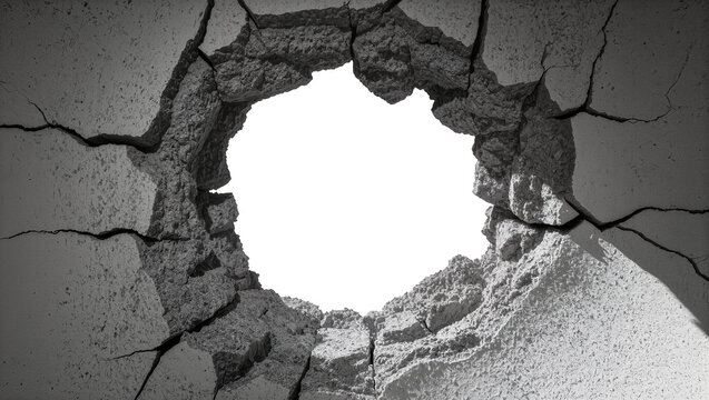 Cracked concrete wall with a large hole, isolated on transparent background
